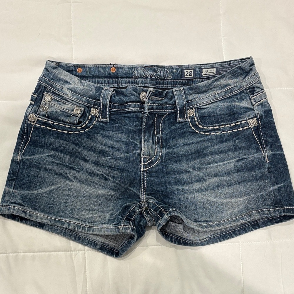 Miss Me Dark Blue Jean Shorts with Embellished Pockets